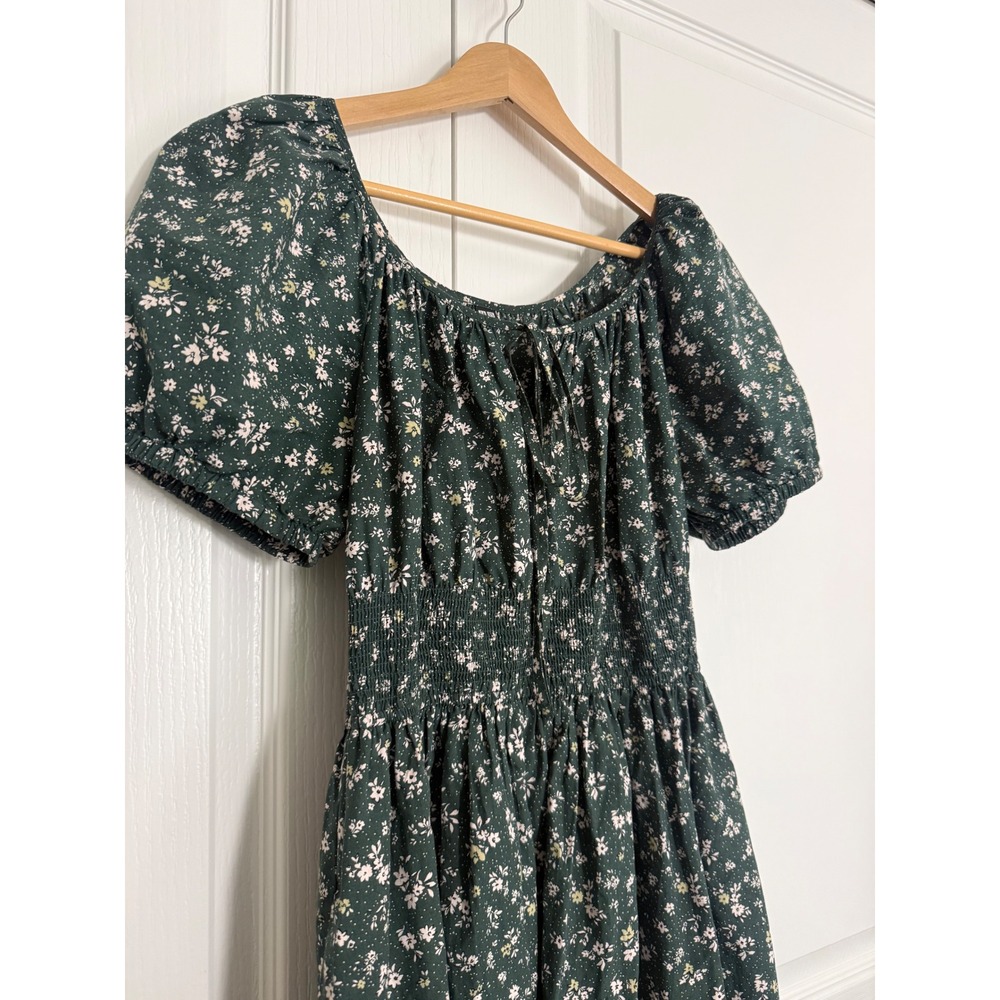 Uniqlo Size S Green Floral Volume Sleeve Midi Dress 100% Cotton Pockets - Picture 2 of 10